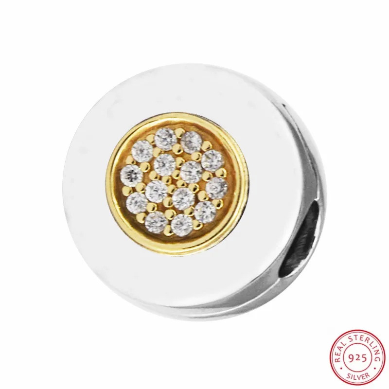 Шикарный принт логотип бусины с центральной 14 K золото и прозрачный CZ для женщин ювелирных изделий DIY Fit PANDORA Подвески Серебро 925 CL039K