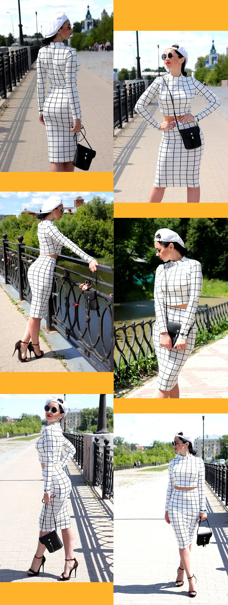 Sheinside черный и белый клетчатый офисный женский короткий топ с длинным рукавом и юбка-карандаш клетчатый женский комплект 2 шт. комплект из двух предметов