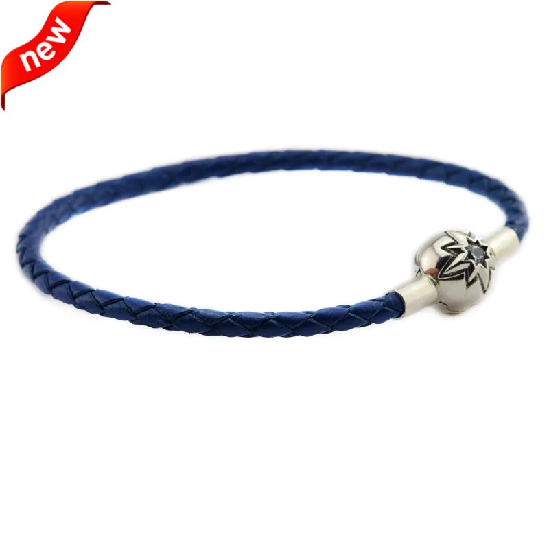 Женский кожаный браслет с бусинами шармами темно синий из серебра 925 пробы