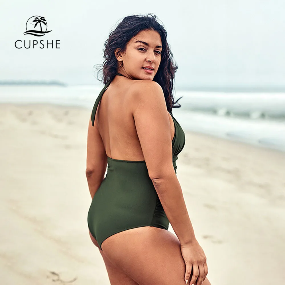 CUPSHE оливковый слитный купальник с лямкой на шее размера плюс сексуальный вырезом