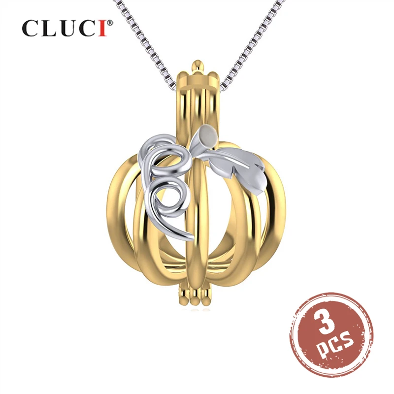 

CLUCI 3pcs 925 Sterling Silver Charm Pendant Gold Color Pumpkin Pearl Cage Pendant for Necklace For Women Halloween Gift SC319SB