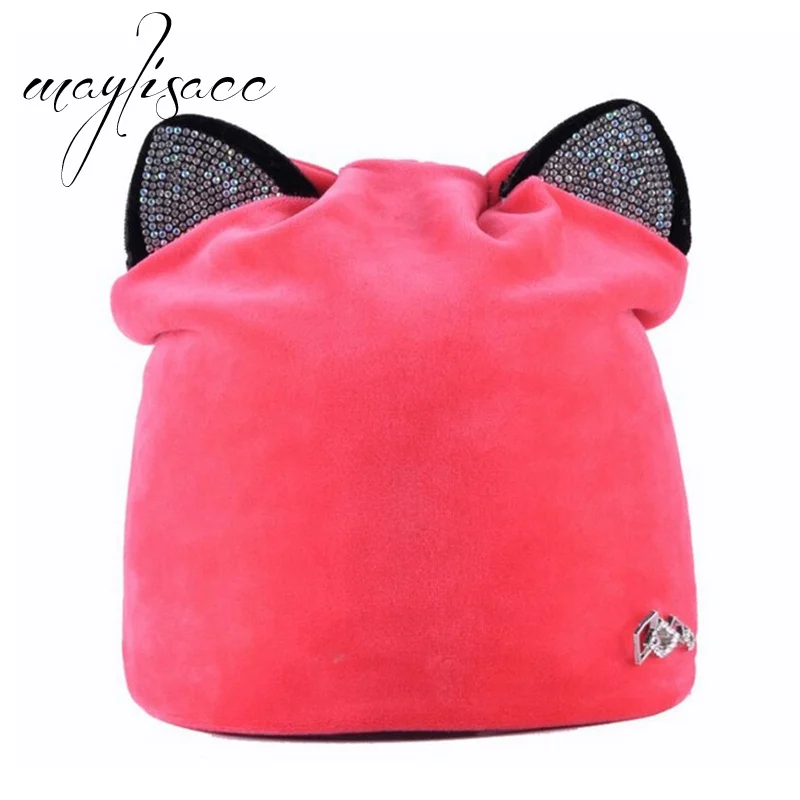 Pink Maylisacc 6 цветов осень-зима Кепки шапочки кот шляпа Дамы теплый бархат Skullies Кепки Новая коллекция для Для женщин Рождественский подарок - Цвет: Pink