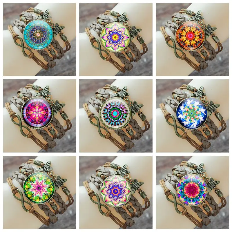 Винтажный медный многослойный Плетеный Кожаный браслет с изображением мандалы