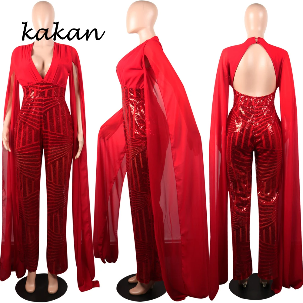 

Kakan 2019 spring new women's sequins one-piece tights sexy deep V-neck chiffon bodysuit irregular backless hollow jumpsuit