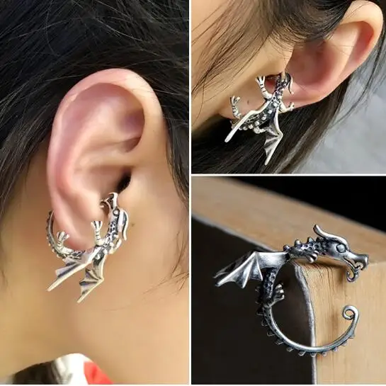 

New Punk Genuine Antique 925 Sterling Silver Clip Earring Fly Dragon Cuff Earrings Unisex Allergy Free Ear Jewelry