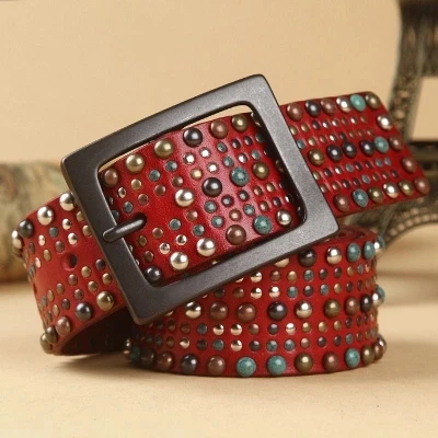 

2021 New Fashion Lady Belt Woman Decoration Casual Genuine Leather Rivet Wide Cowhide Cowskin Waist Belt For Jeans Pants