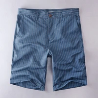new mens linen striped shorts loose casual beach shorts men blue stripes fashion short men clothing bermuda masculina 38 size