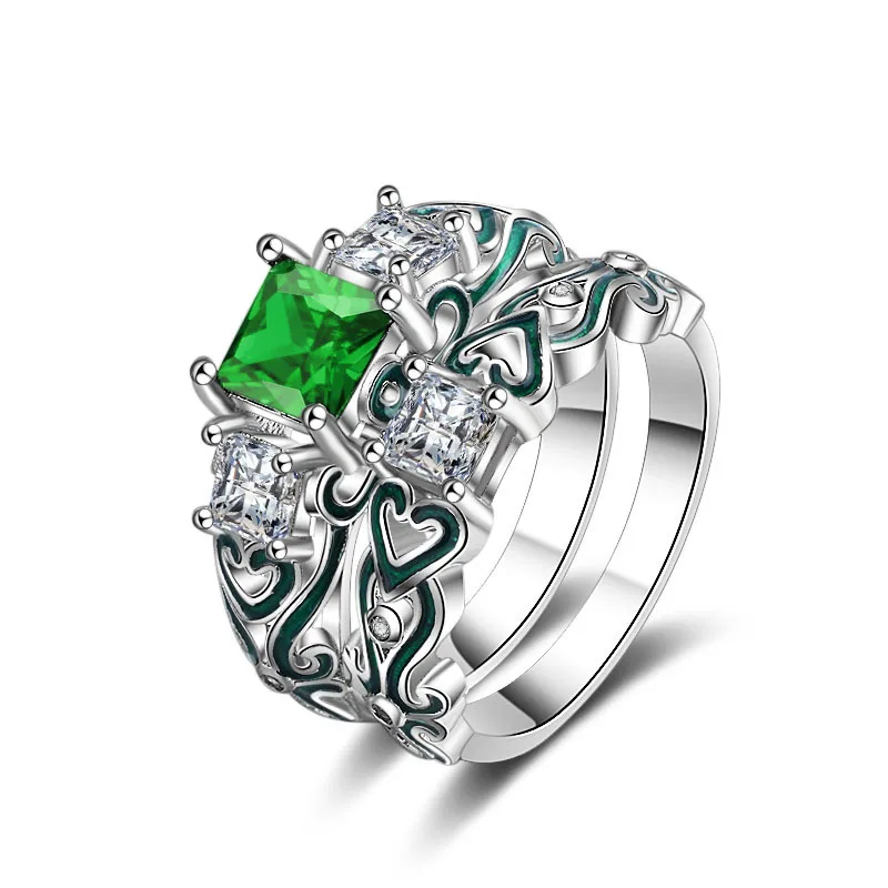 925 anillos, серебряное, 2 шт, обручальное, для пары, для женщин, цвет, кристалл, циркон, сердце, модное кольцо, для девушек, любовь и блеск, изумруд, ювелирное изделие - Цвет камня: Зеленый