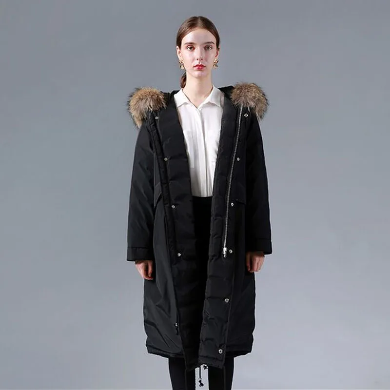 Большой натуральный мех енота 2018 зимняя куртка женская Свободная длинная