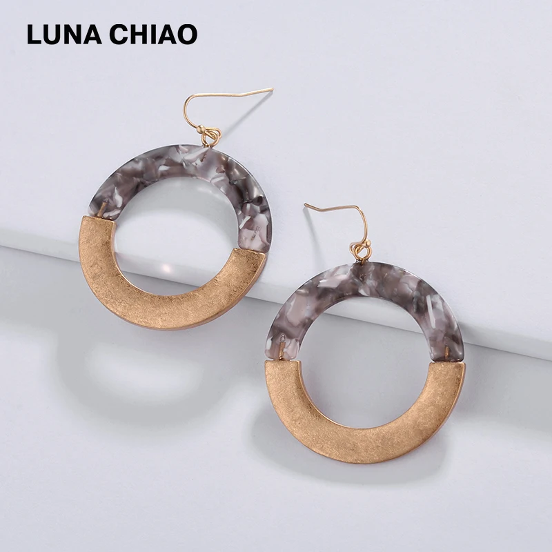 LUNA Чао Новое поступление полукруглые разноцветные плоские с носить золотого цвета с металлической рамкой под круглый акрил Lucite Мода Висячие серьги женские серьги-подвески