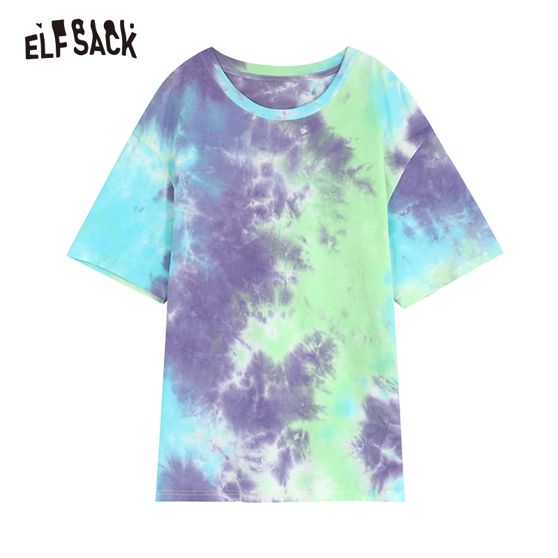 ELFSACK хлопок Tie Dye женская футболка 2019 Новая мода зеленая и фиолетовая Повседневная
