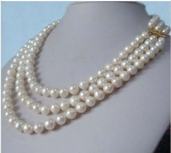 

Three-Strand natural 9-8 mm akoya white pearl necklace 17"18"19" 14K gold clasp