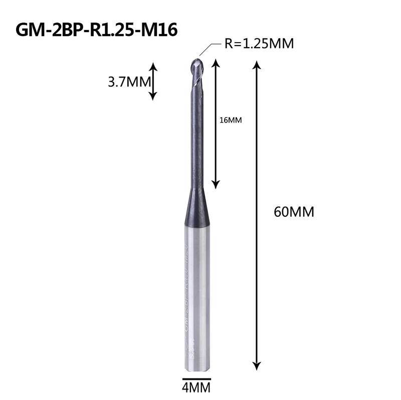 GM-2BP R1.0-R2.5, Вольфрамовая сталь, 2 флейты, круглый нос, длинная шея, короткая режущая кромка, с покрытием, Концевая фреза с ЧПУ, фреза, режущие инструменты - Длина режущей кромки: GM-2BP-R1.25-M16