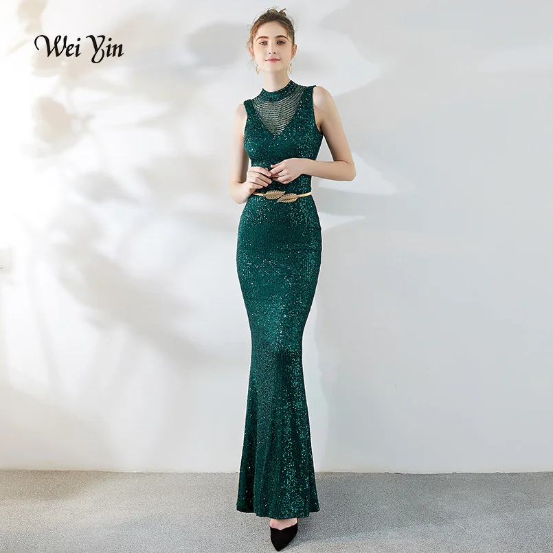 

wei yin Green Sparkle Gorgeous Long Evening Dresses O-Neck Mermaid Sexy Sequined Elegant Evening Gowns Robe De Soiree WY1805