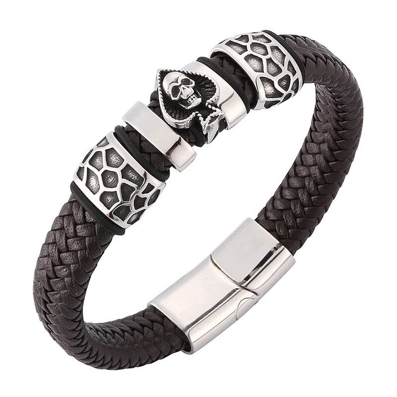 

Trendy Jewelry Men Brown Leather Braided Bracelet Punk Stainless Steel Spades Skull Magnetic Clasp Man Bracelete Charms SP0107