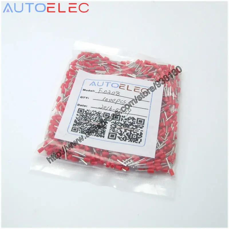 

1000pcs/pack E0308 Cord End Pre-insulated Terminals Wire Connectors Bootlace Ferrules For 0.3mm2 8mm Pin of Length Brass tubes
