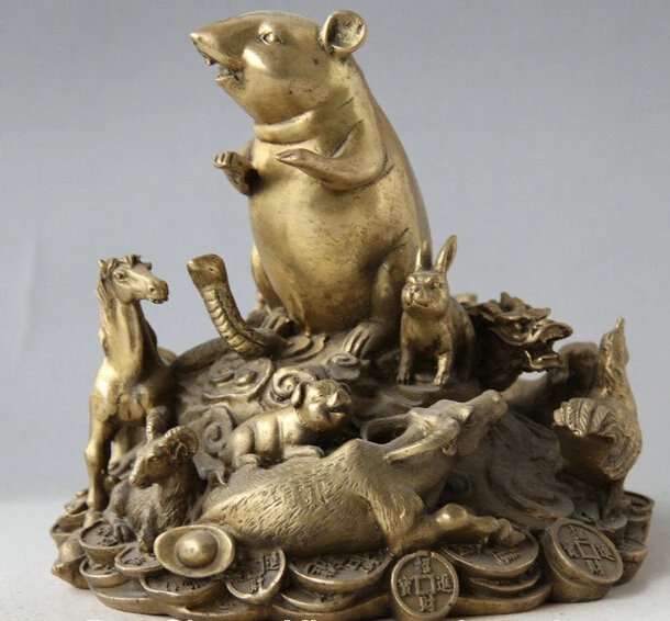 856++7&quot Chinese Brass 12 Zodiac Year Mouse Rat Mice Horse Tiger Pig Bull Statue Set | Дом и сад