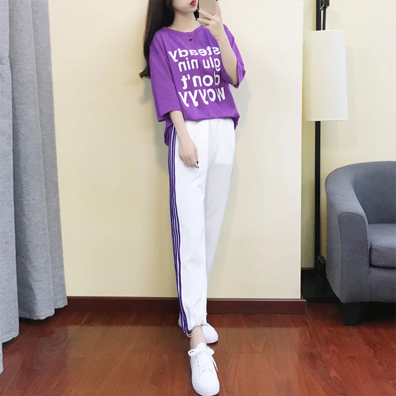 

New 2019 two piece set Short sleeve tops and Long pantsOutfit Women 2 Piece Set Letter Printed