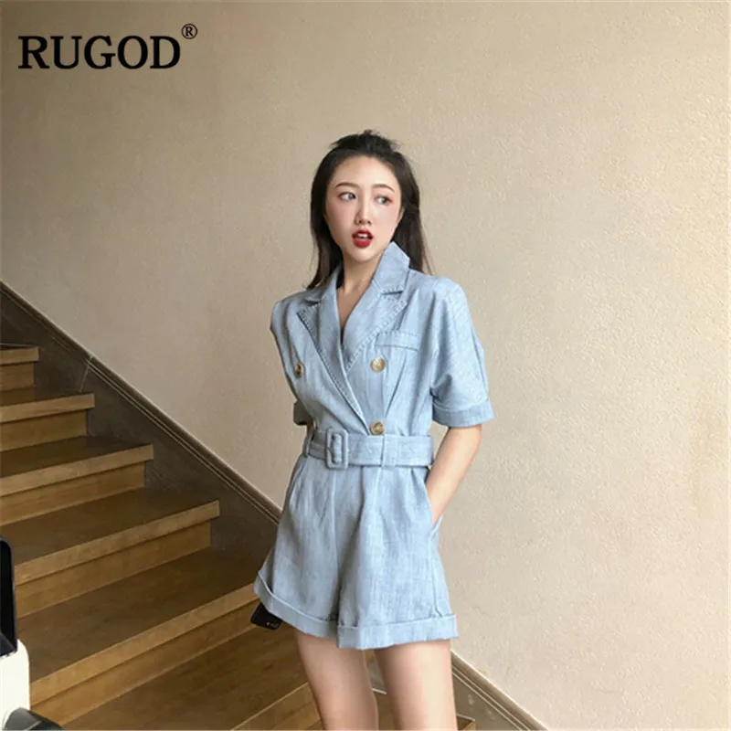 Женский джинсовый костюм с короткими рукавами RUGOD Облегающий комбинезон поясом и