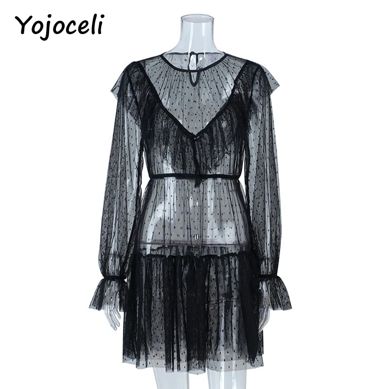 Yojoceli сексуальные вечерние для клуба черное Сетчатое кружевное платье женщин в