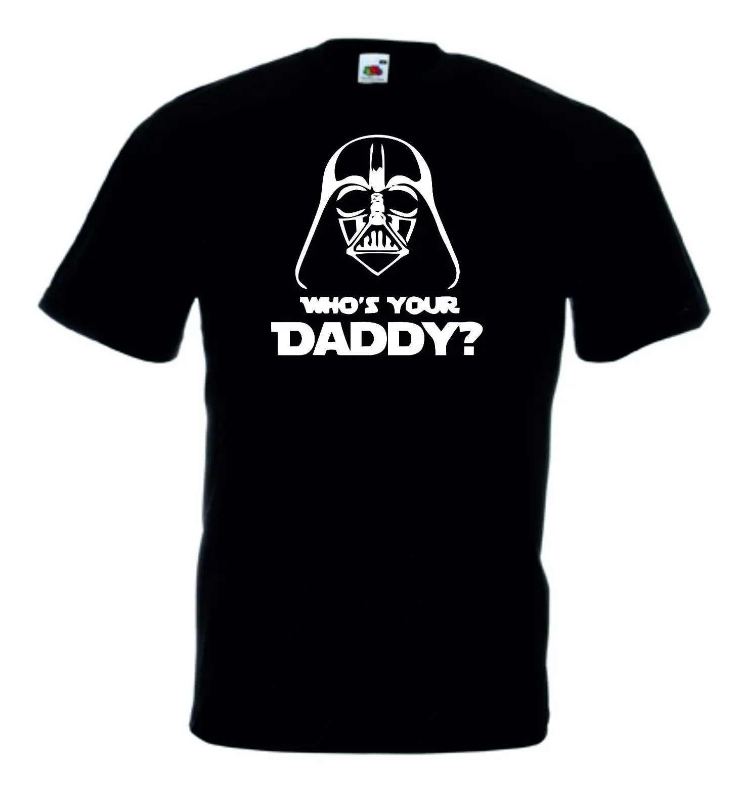 Мужская футболка с круглым вырезом DARTH VADER WHO'S YOUR DADDY черная со звездным принтом.