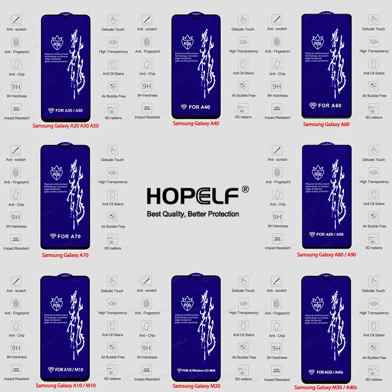 Защитное стекло HOPELF для смартфона Samsung Galaxy A10/A20/A30/A40/A50/A50S/A70 M10/M20/M30 покрытие 6D