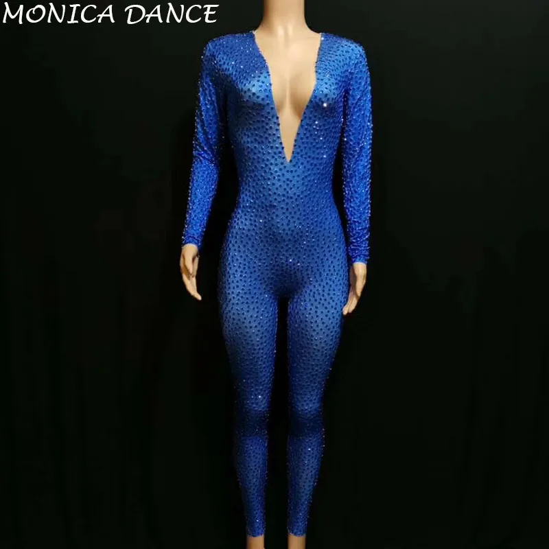 Sexy Glisten Blue Rhinestones Bodysuit Women Party Prom Jumpsuit Costume Stage Wear dance Nightclub Singer Leggings Jumpsuit