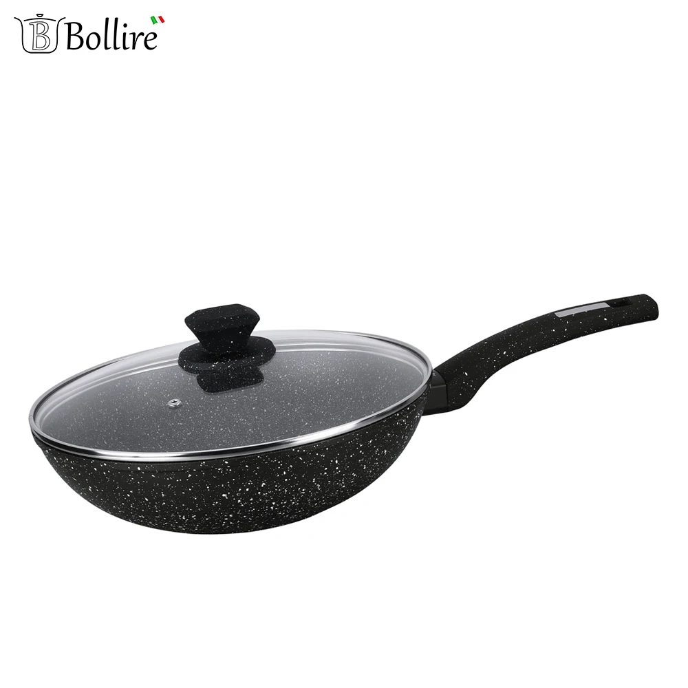 Вок сковорода Bollire VENEZIA 28 см PFLUON Marble FULL INDUCTION BOTTOM Стеклянная крышка Ручка SOFT