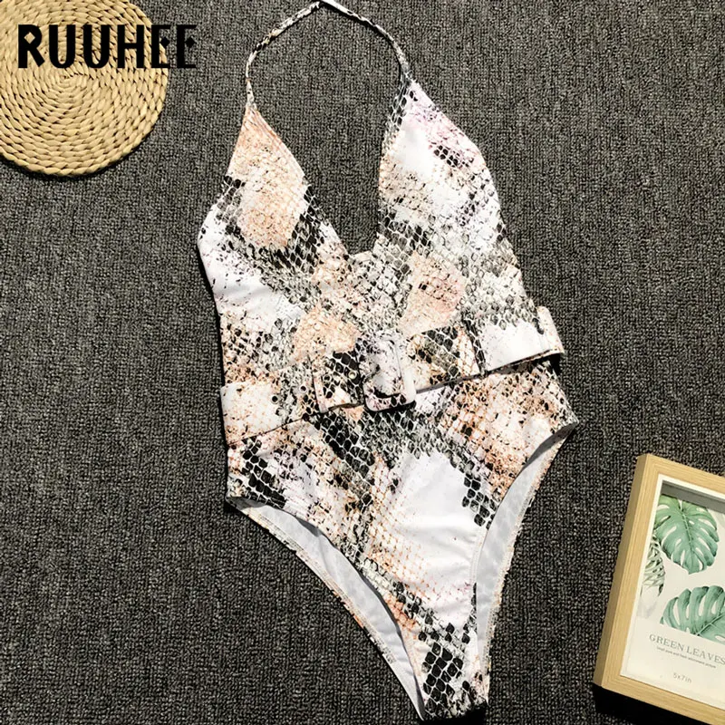 RUUHEE, сдельный купальник, женский, сексуальный, v-образный вырез, боди, змеиный принт, купальник, открытая спина, купальник для женщин, бикини