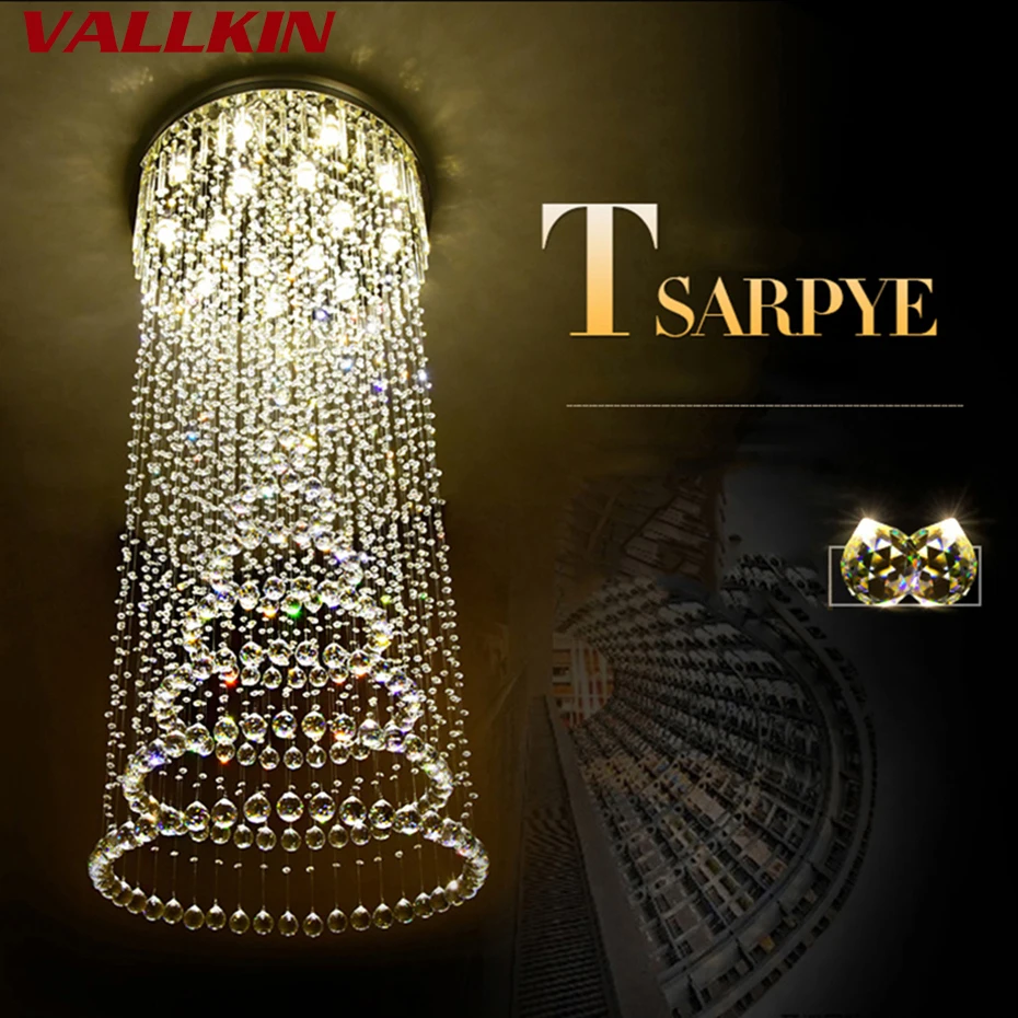 安い 現代大サイズクリスタルシャンデリアスパイラルラウンドリング階段照明器具用ホワイエホテルヴィラ