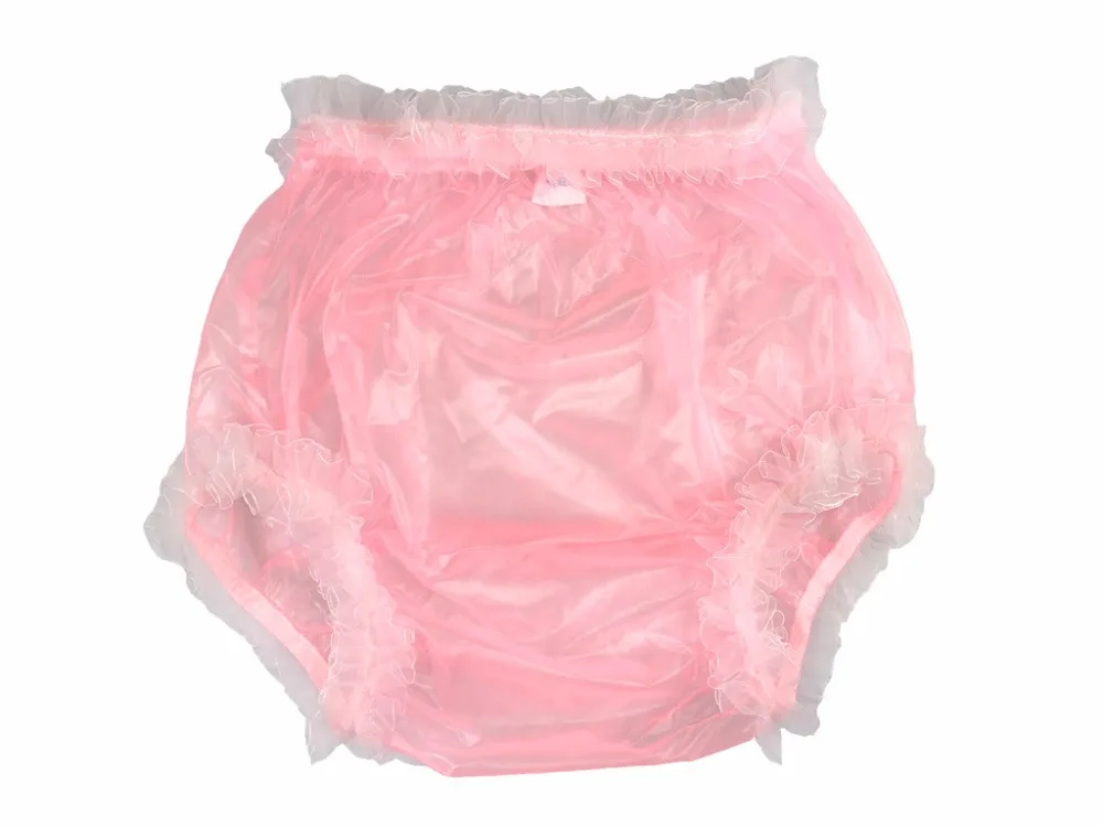 ABDL взрослых недержание Pull-on пластиковые брюки кружевные трусики цвет прозрачный розовый с белым кружевом P006A-5