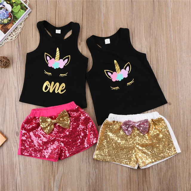 Летний комплект из 2 предметов для маленьких девочек топ с единорогом + штаны