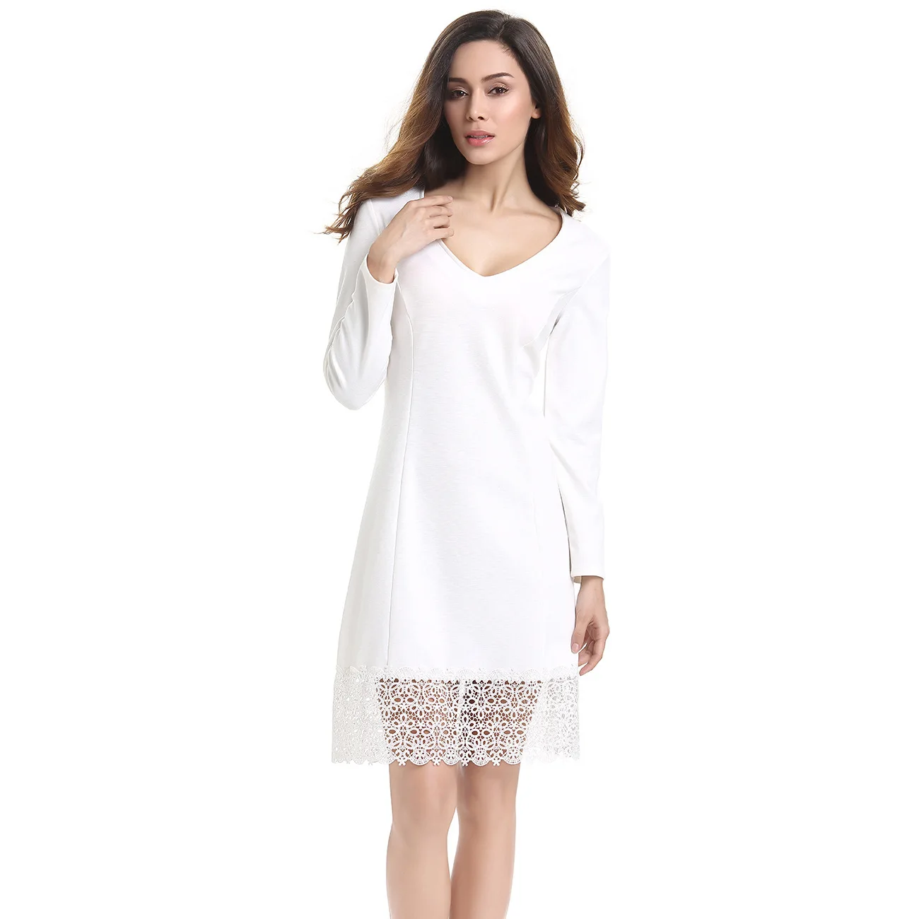 Elegent Черный Dress Кружева Лоскутное Белые Платья С Длинным Рукавом V Шеи Милые Дамы