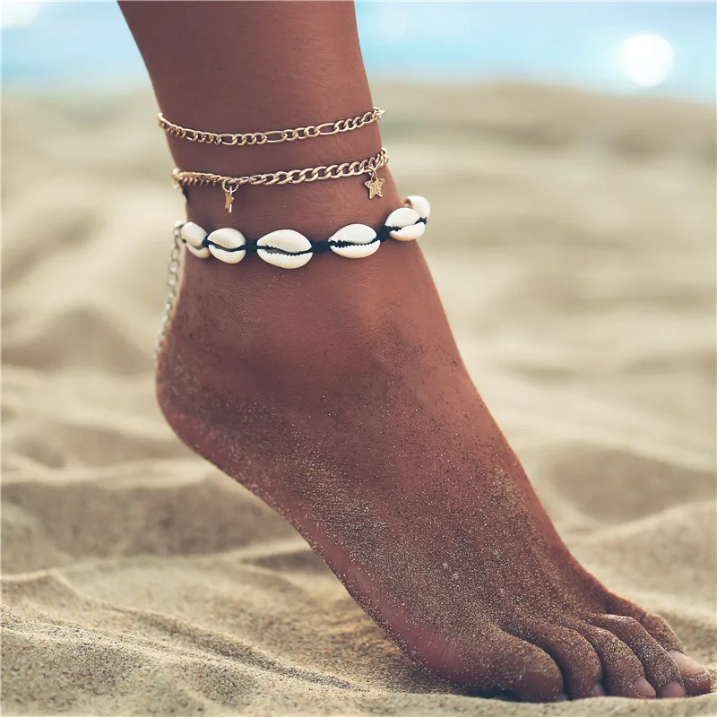 Boho Ocean Beach Sea Shell Cowrie лодыжки браслет Многослойные Бусины Регулируемая Веревка