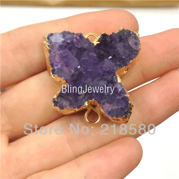 H-AMD34 Raw Druzy Amethysts Cluster Butterfly Pendant with Gold | Украшения и аксессуары