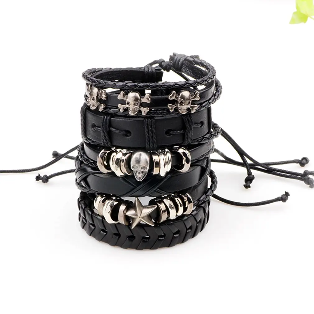 6 шт./упак. брелки из кожи PU ручной работы черные мужские плетеные череп звезда украшения мужской браслет Многослойные модные украшения лучший подарок
