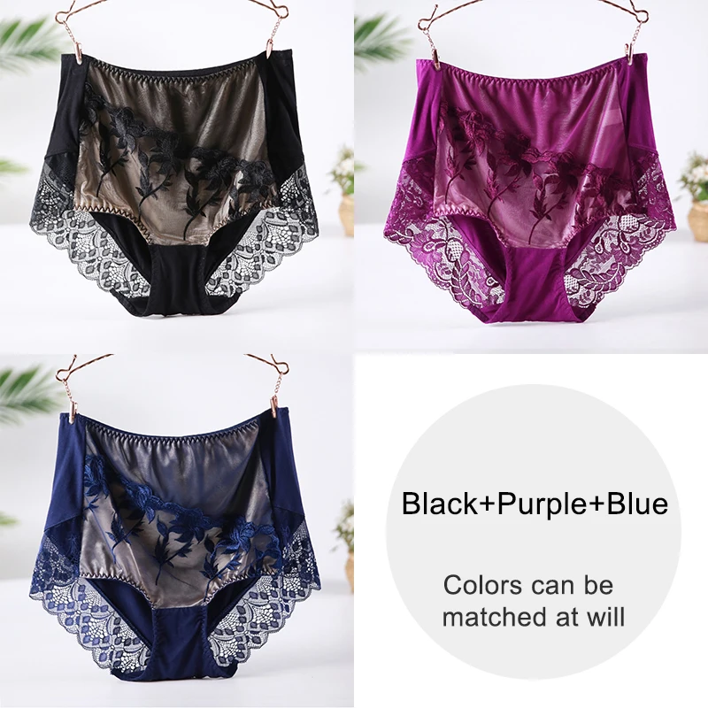 Black-Purple-Blue Большой Размеры хлопковые трусы для Для женщин сексуальное кружевное платье с вышивкой из модифицированного вискозного волокна Высокая талия трусы размера плюс нижнее белье большие Размеры женский Лот - Цвет: Black-Purple-Blue