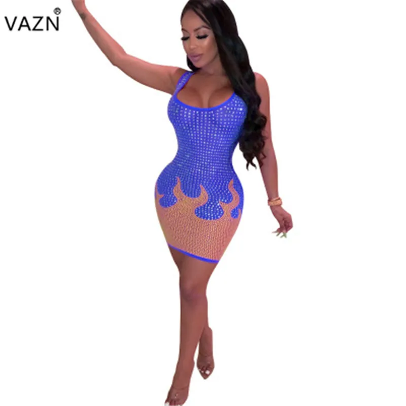 VAZN 2019 summer sexy lady blue rose red mini sheath dress slivers waistcoat patchwort colors club ME2736 | Женская одежда