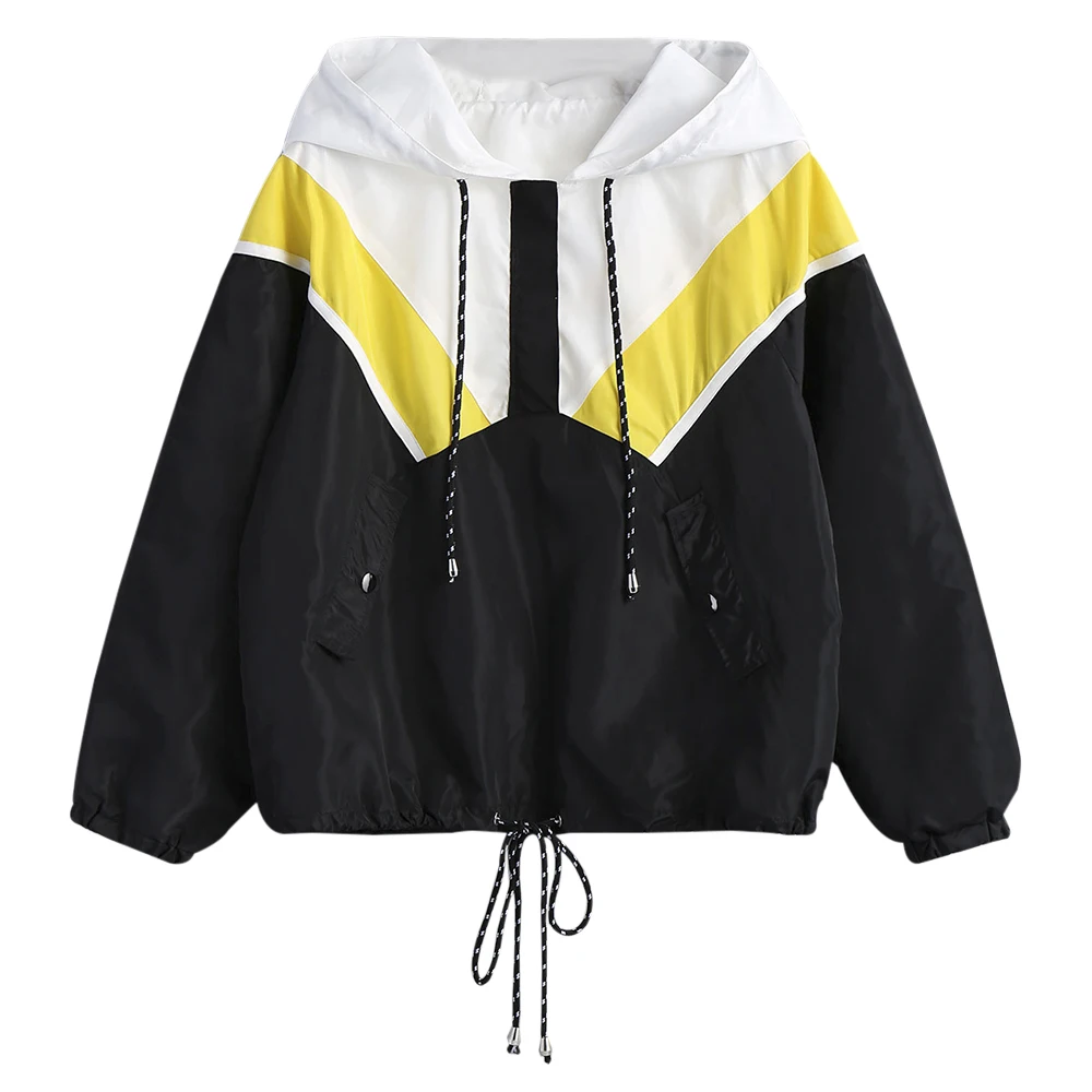 Nice Women Spring Coats Jackets Contrast Half Zip Hooded Windbreaker Outwear College Style Casual Basic | Женская одежда