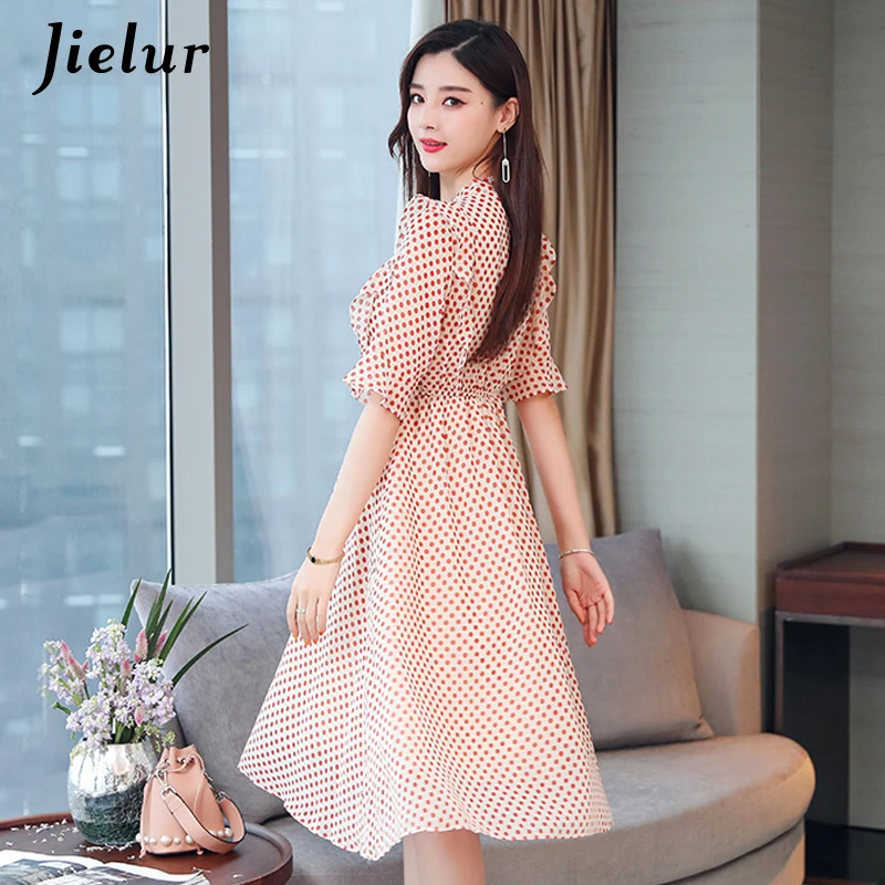 Jielur Summer Dresses Women V-neck Lace-up Chiffon Polka Dots Young Midi Dress Korean Elegant Retro Leisure Street Robe Femme | Женская
