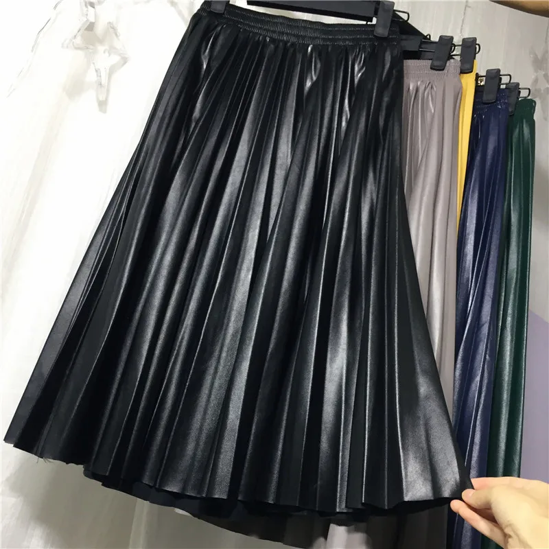 

2022 New Women Slim Organ Leather Skirt Pleated Long Skirt Female Pu Leather Pleated Skirt Half-length Retro High-waisted