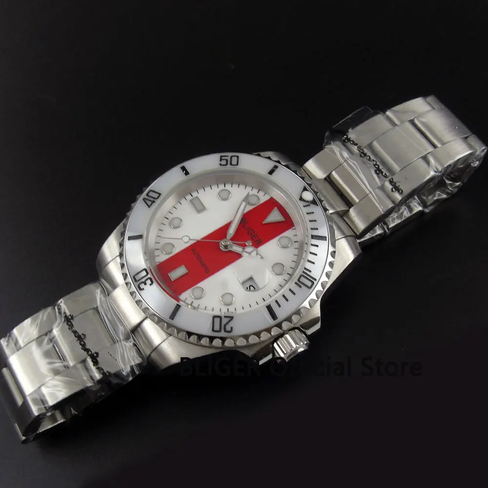 

Sapphire Glass BLIGER 40MM White Red Dial Ceramic Rotating Bezel Luminous Marks Miyota Automatic Movement Men's Watch B117