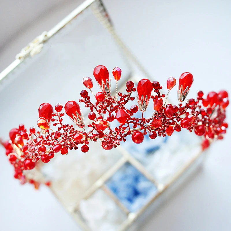 

Romantic Red Crystal Bridal Hairbands Hairwear Luxury Princess Crown Girl Gold Hair Jewelry Top Quality Wedding Accessories