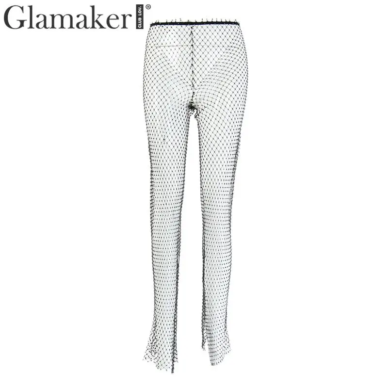 Glamaker, стразы, бодикон, свободные, сексуальные штаны для женщин, высокая талия, черные штаны, брюки, вечерние, Клубная одежда, уличная одежда, прозрачные низ