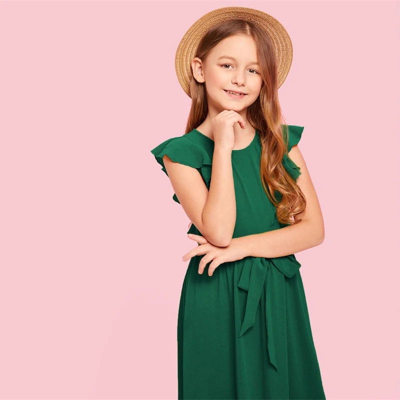 SHEIN Kiddie/Бордовое платье на молнии с рюшами сзади для девочек-подростков; вечерние платья макси для девочек; коллекция года; сезон лето; зеленое платье трапециевидной формы без рукавов для девочек