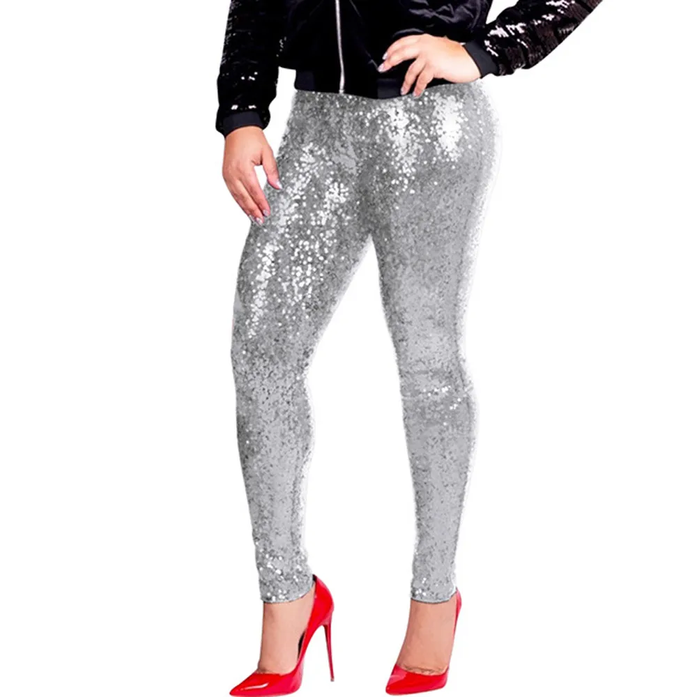 Серебристый FREE OSTRICH Women Plus Size Shiny Sequin Slim Leggings Pants Ladies Sexy Clubwear Trousers pantalones mujer cintura alta - Цвет: Серебристый
