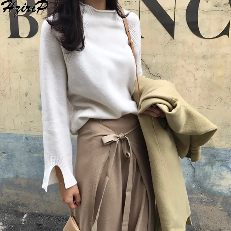 Hzirip Korean Knitted Sweater 2019 Autumn Winter Wild Pullover Girls Tops Fashion Split Warm Slim Solid Casual Clothing | Женская одежда