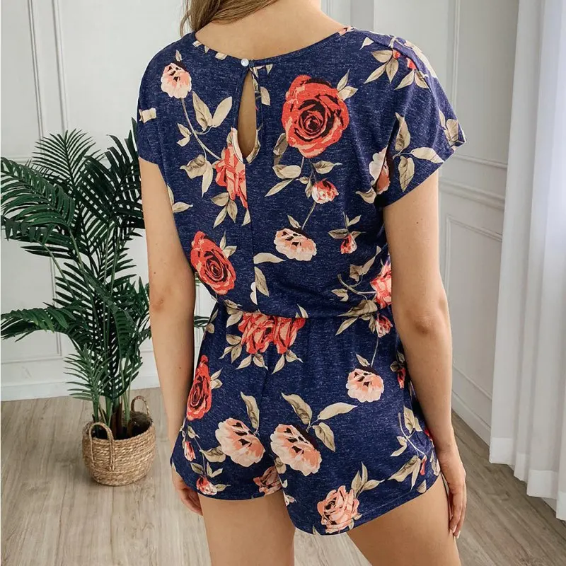 

Women Summer Cotton Short Sleeve Casual Print Round Collar Loose Button Pockets Jumpsuit