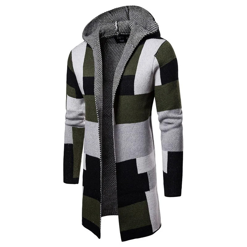 Male Autumn Winter Hooded Coat Knitted Jacket Middle-long Sweater Mens Patchwork Cardigans yw239 |