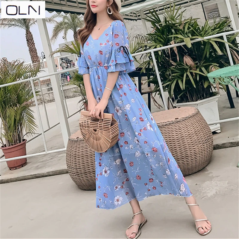 Korean beach dress seaside holiday dress bohemian long dress large swing long floral chiffon dress